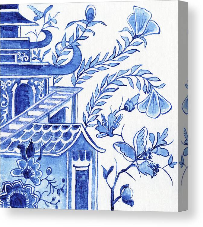 Chinoiserie Canvas Print featuring the painting Chinoiserie Blue and White Pagoda Floral 1 by Audrey Jeanne Roberts
