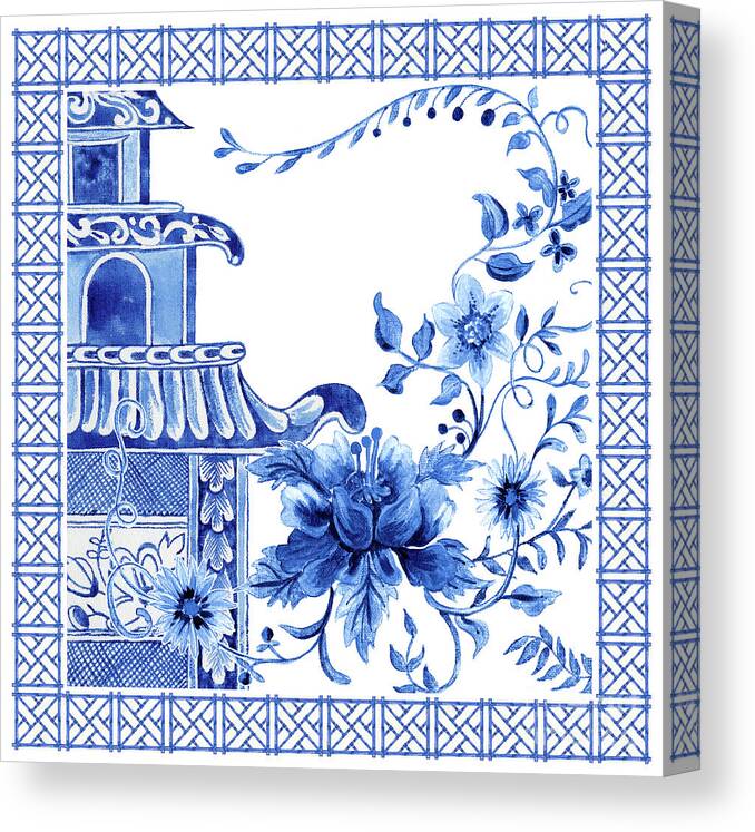 Chinese Canvas Print featuring the painting Chinoiserie Blue and White Pagoda with Stylized Flowers and Chinese Chippendale Border by Audrey Jeanne Roberts