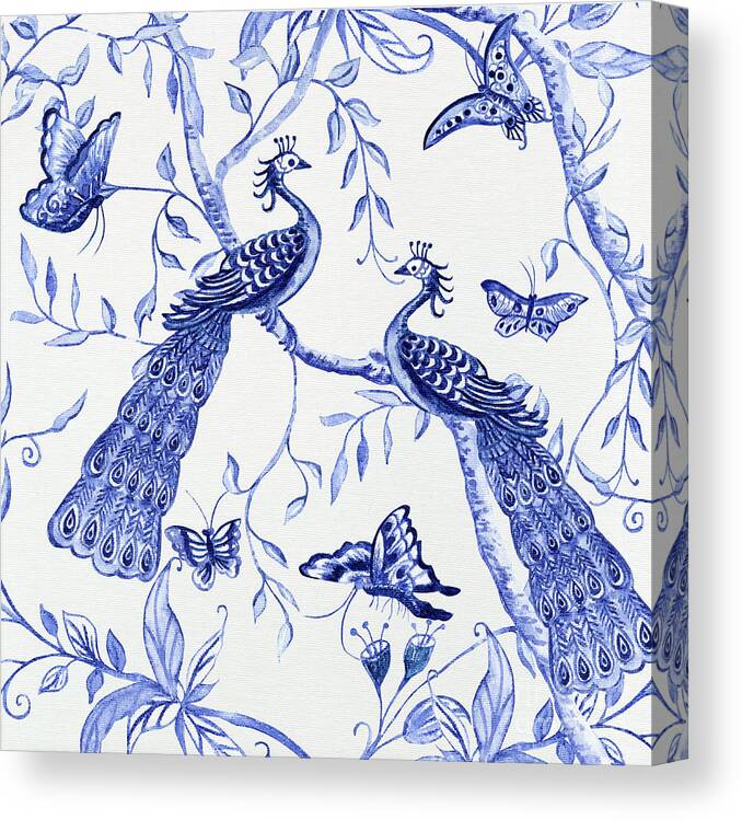 Chinoiserie Canvas Print featuring the painting Chinoiserie Blue and White Peacocks and Butterflies by Audrey Jeanne Roberts