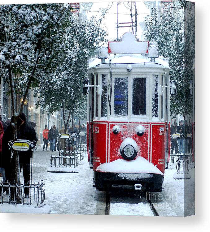 Taksim Canvas Print featuring the photograph Close Up Shot Of Tramway Covered by Jokerpro