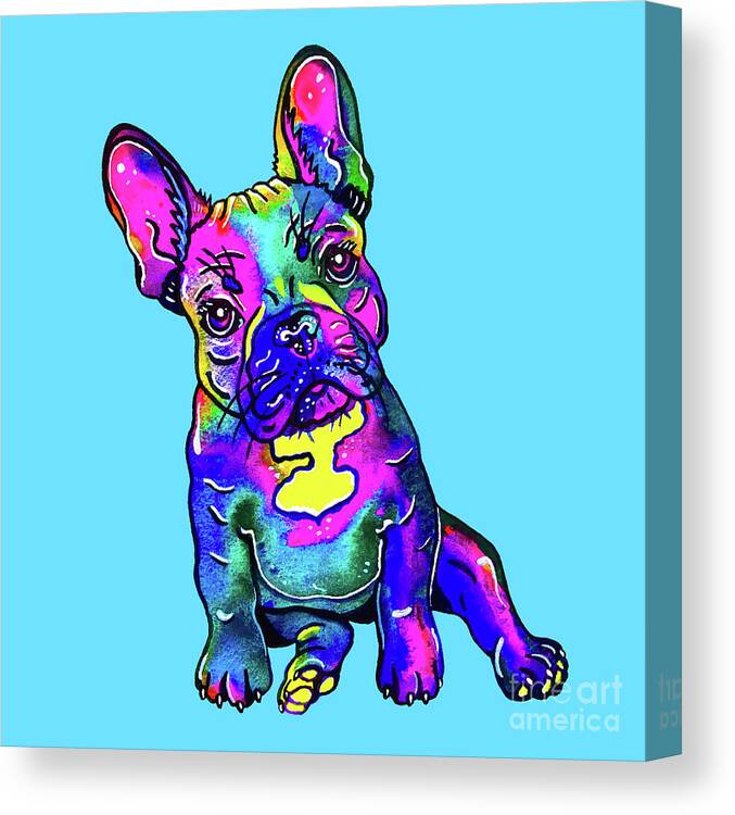 Frenchie Canvas Print featuring the mixed media Colorful French Bulldog on Blue by Zaira Dzhaubaeva