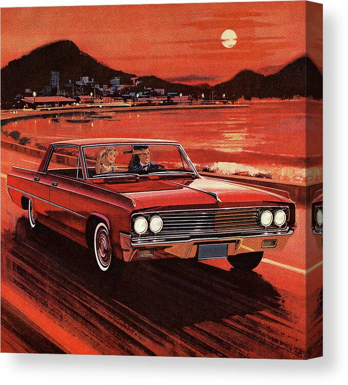 Auto Canvas Print featuring the drawing Couple Driving in Red Vintage Car by CSA Images