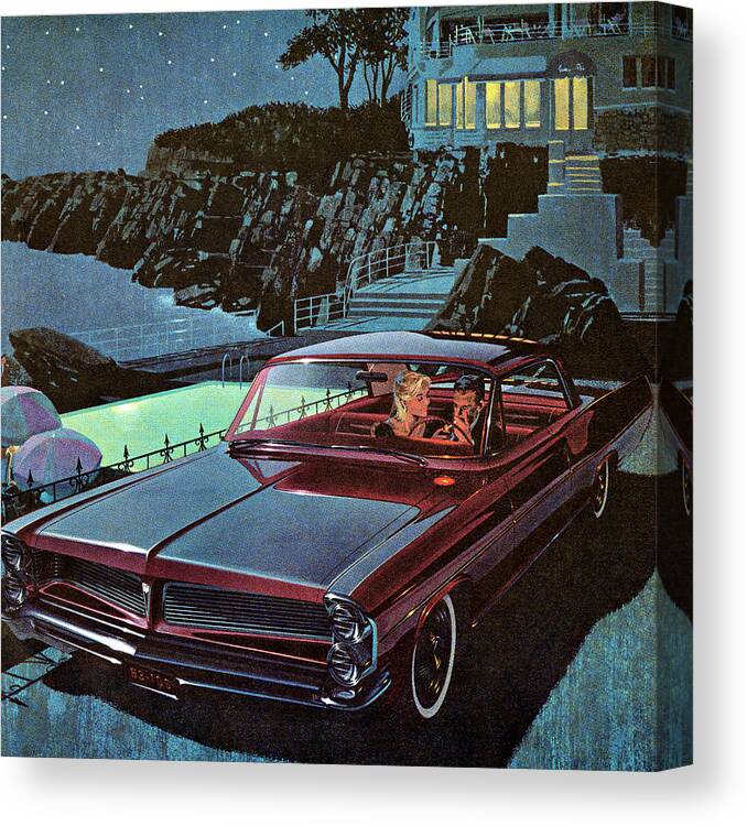 Auto Canvas Print featuring the drawing Couple in Burgandy Vintage Car at Night by CSA Images