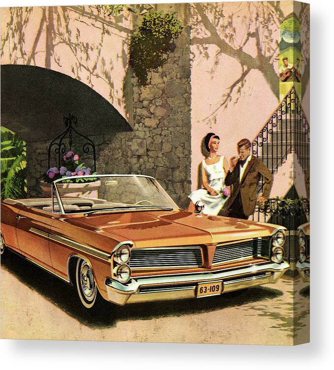 Adult Canvas Print featuring the drawing Couple Next to Orange Convertible Car by CSA Images