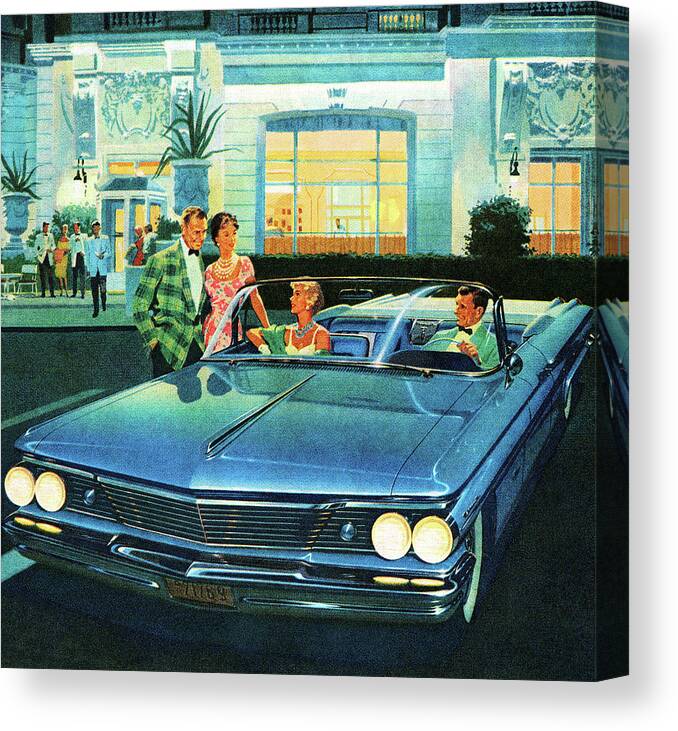 Adult Canvas Print featuring the drawing Couples Talking in Front of Restaurant by CSA Images