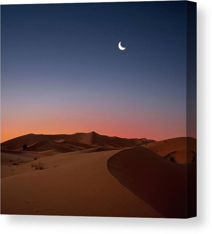Tranquility Canvas Print featuring the photograph Crescent Moon Over Dunes by Photo By John Quintero