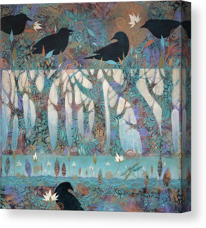 Crows And Waterlilies Canvas Print featuring the painting Crows And Waterlilies by Sue Davis