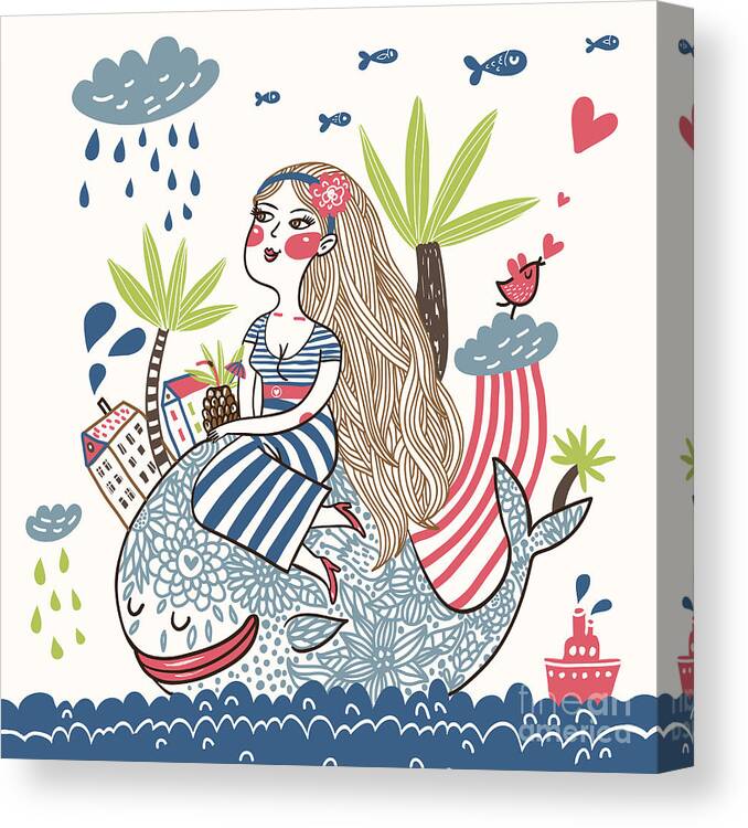 Beauty Canvas Print featuring the digital art Cute Girl On A Whale In Cartoon Style by Smilewithjul