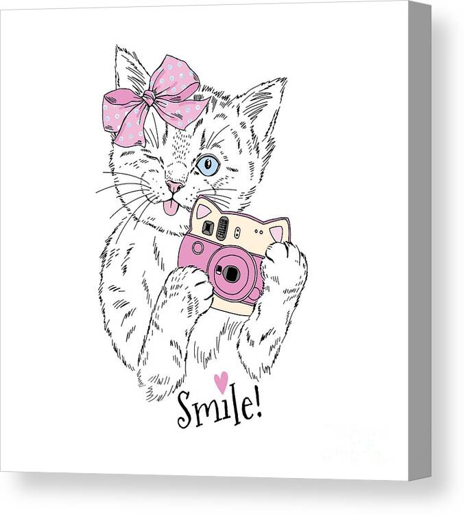 Fancy Canvas Print featuring the digital art Cute Kitty Girl With Photo Camera Hand by Olga angelloz