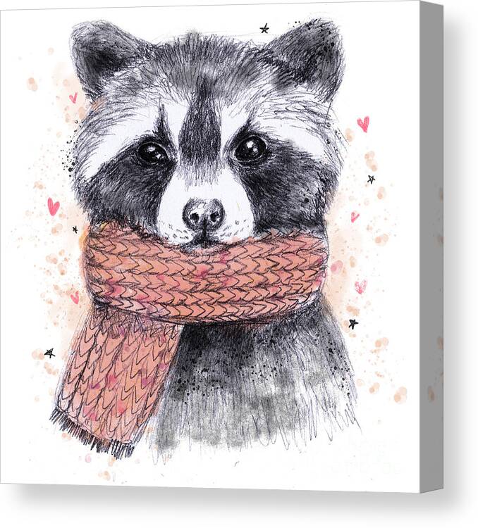 Scarf Canvas Print featuring the digital art Cute Raccoon With Scarf Sketchy by Maria Sem