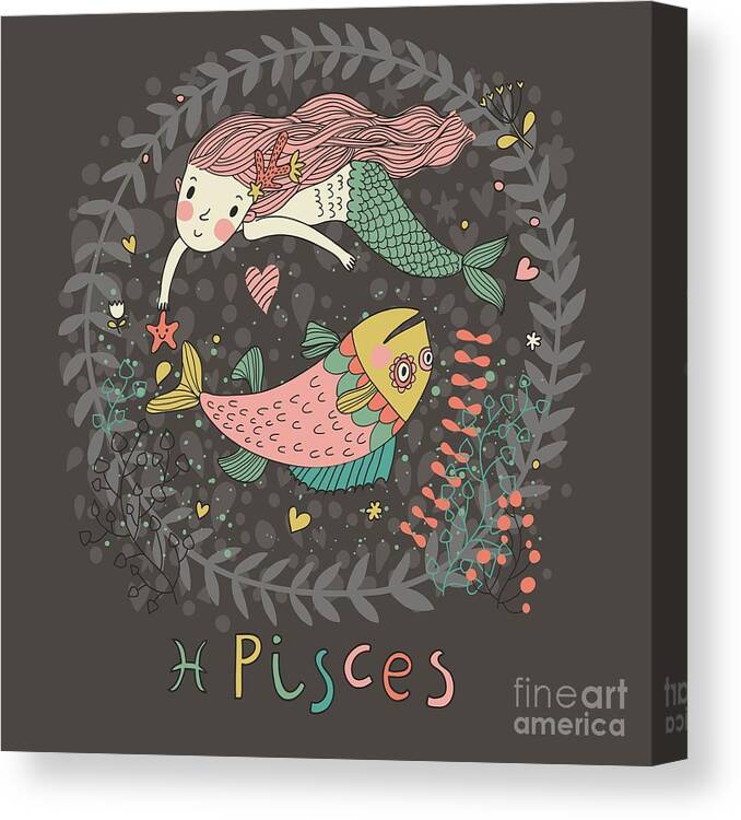 Magic Canvas Print featuring the digital art Cute Zodiac Sign - Pisces Vector by Smilewithjul