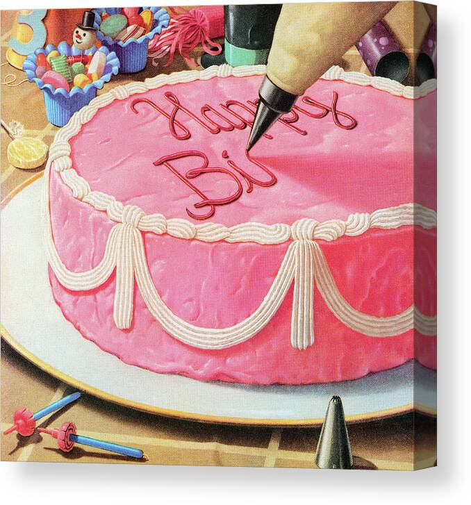 Baked Goods Canvas Print featuring the drawing Decorating Birthday Cake by CSA Images