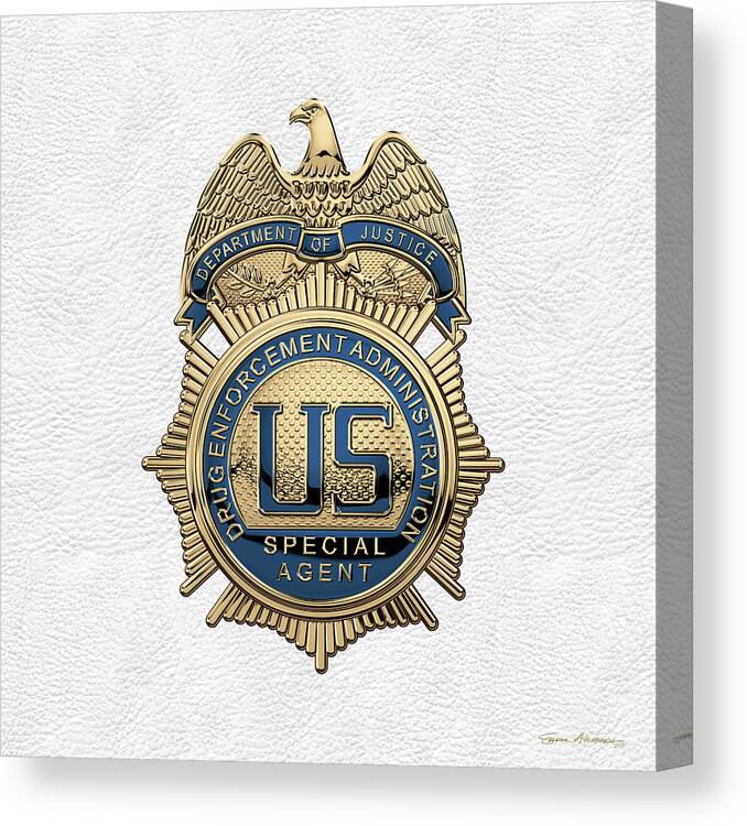  ‘law Enforcement Insignia & Heraldry’ Collection By Serge Averbukh Canvas Print featuring the digital art Drug Enforcement Administration - D E A Special Agent Badge over White Leather by Serge Averbukh