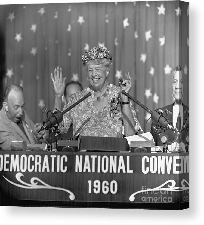 Hand Raised Canvas Print featuring the photograph Eleanor Roosevelt Speaking At The 1960 by Bettmann