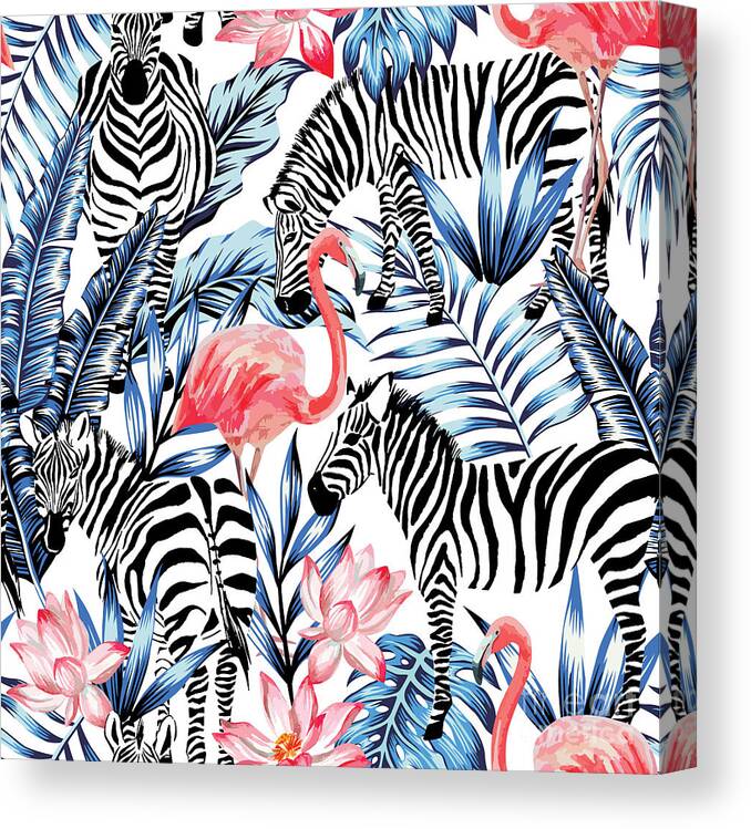 Palm Canvas Print featuring the digital art Exotic Pink Flamingo Zebra by Berry2046