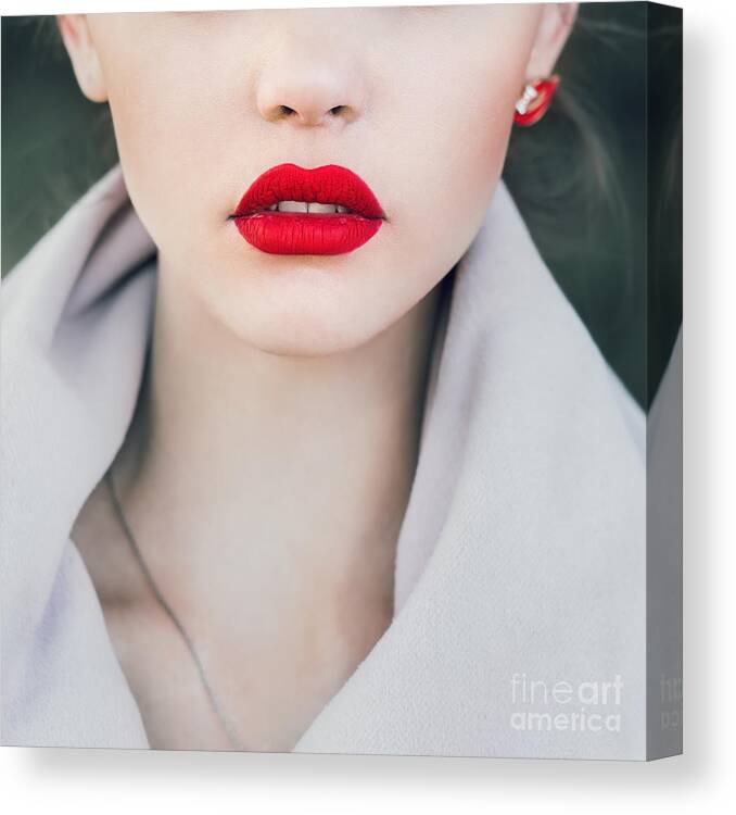 Makeup Canvas Print featuring the photograph Face Of A Beautiful Girl With Red Lips by Aleshyn andrei