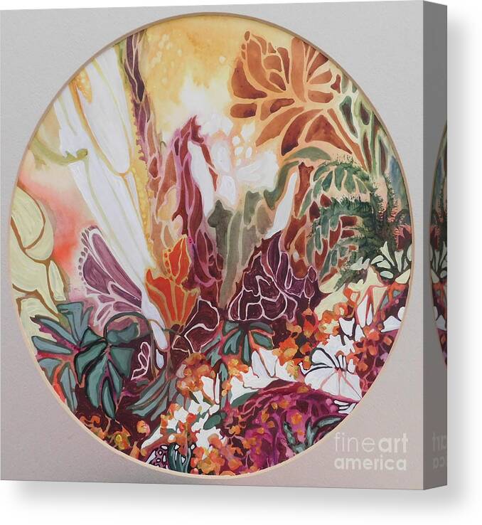 I Used Unusual Shapes And Vibrant Fall Colors To Create The Feeling Of Autumn In This Circular Painting Which Represents The Blaze Of Color As Summer Ends And The Landscape Is About To Give Way To The Drab Grays Of Winter.  Canvas Print featuring the painting Fall Frolic by Joan Clear