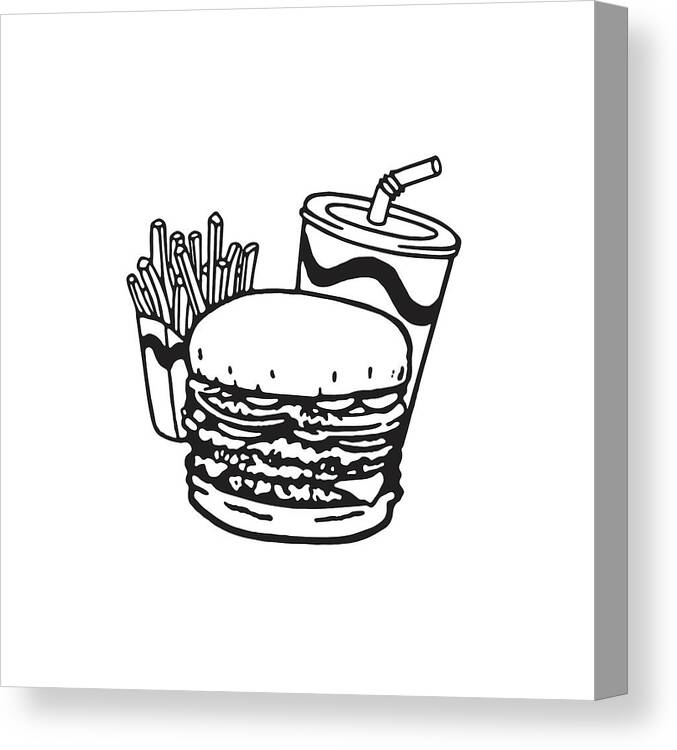 Archive Canvas Print featuring the drawing Fast Food Meal of French Fries, Burger, and Soda by CSA Images