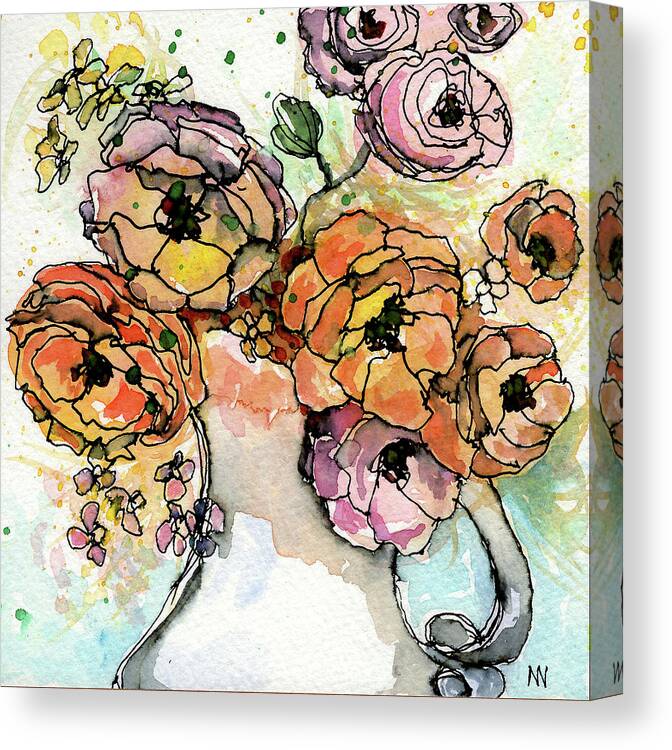 Watercolor Canvas Print featuring the painting Flowers in Pitcher by AnneMarie Welsh