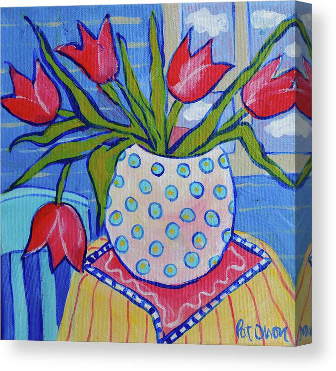 Flowers - Tulips In Polka Dot Vase Canvas Print featuring the painting Flowers - Tulips In Polka Dot Vase by Pat Olson Fine Art And Whimsy