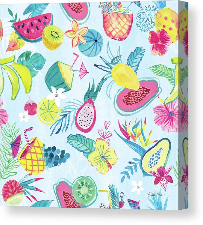 Bananas Canvas Print featuring the painting Fruity Flamingos Pattern IIia by Farida Zaman