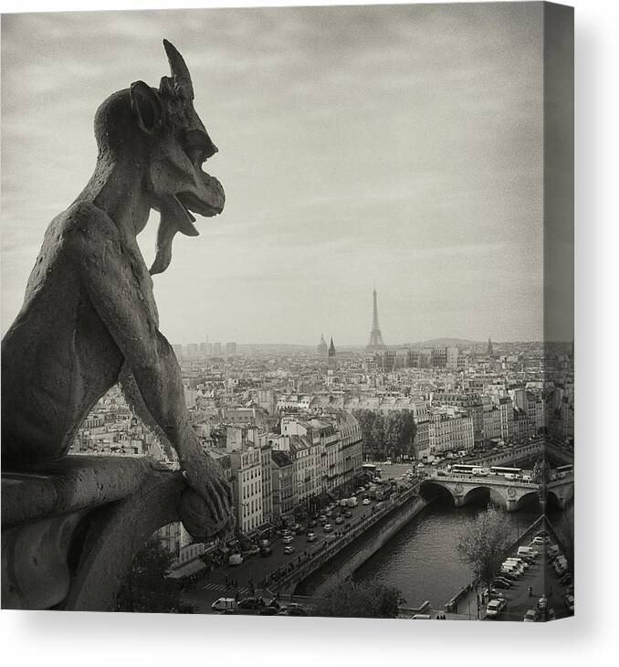 Eiffel Tower Canvas Print featuring the photograph Gargoyle Of Notre Dame by Zeb Andrews