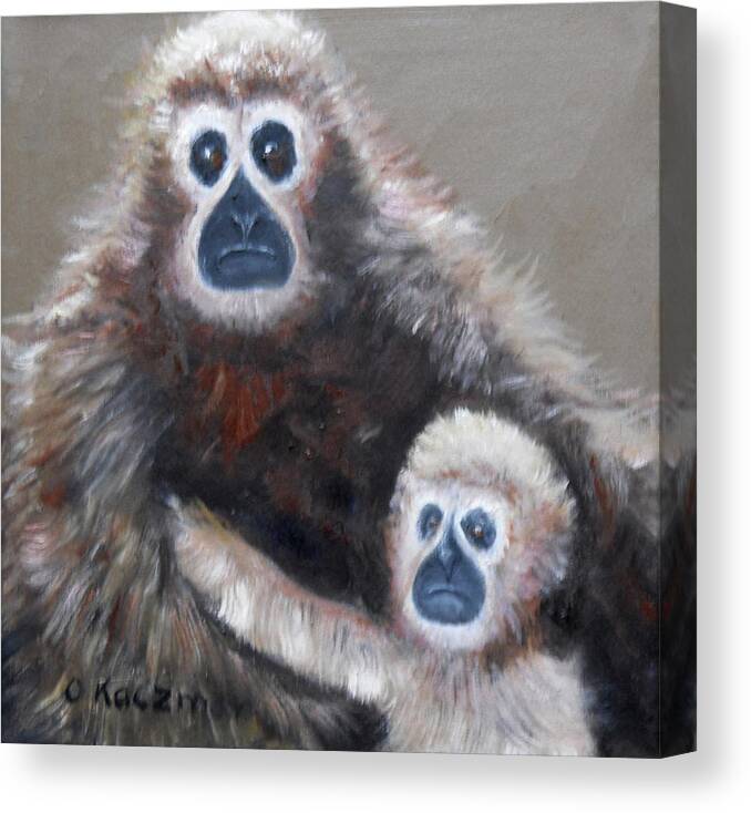 Gibbon Mom Canvas Print featuring the painting Gibbon Mom and Babe by Olga Kaczmar