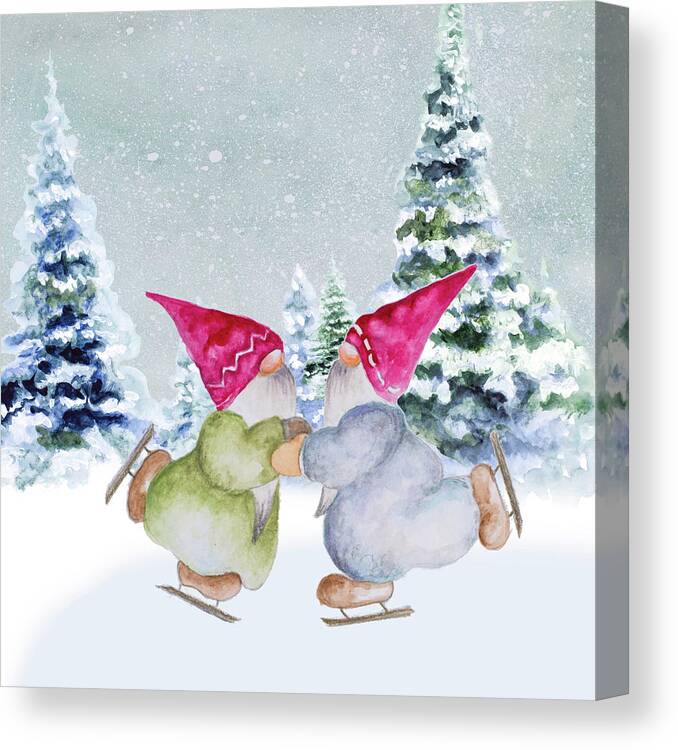 Gnomes Canvas Print featuring the mixed media Gnomes Ice Skating II by Janice Gaynor