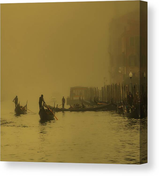 Venice Canvas Print featuring the photograph Gondolas In The Fog by Isabelle Dupont