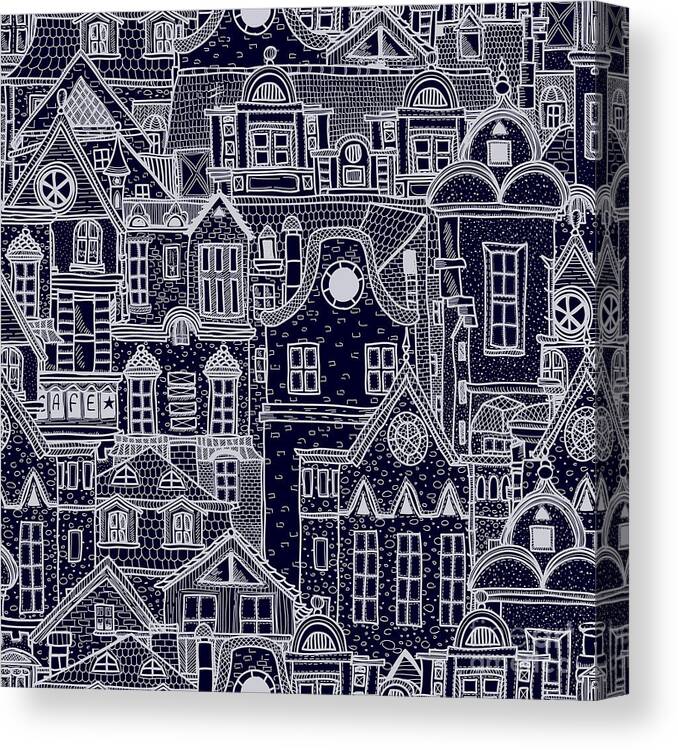 Facade Canvas Print featuring the digital art Hand-drawn Seamless Pattern With Old by Elena Eskevich
