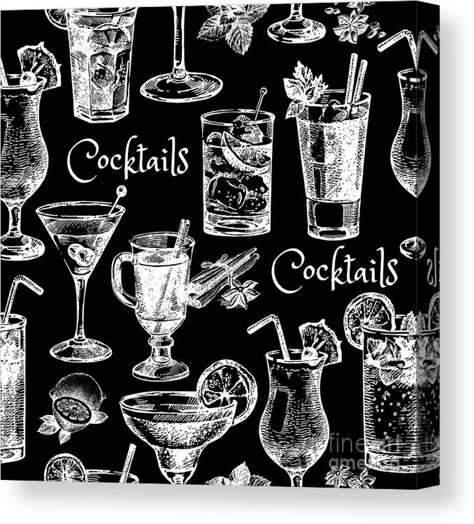 Ice Canvas Print featuring the digital art Hand Drawn Sketch Cocktails Seamless by Pimlena