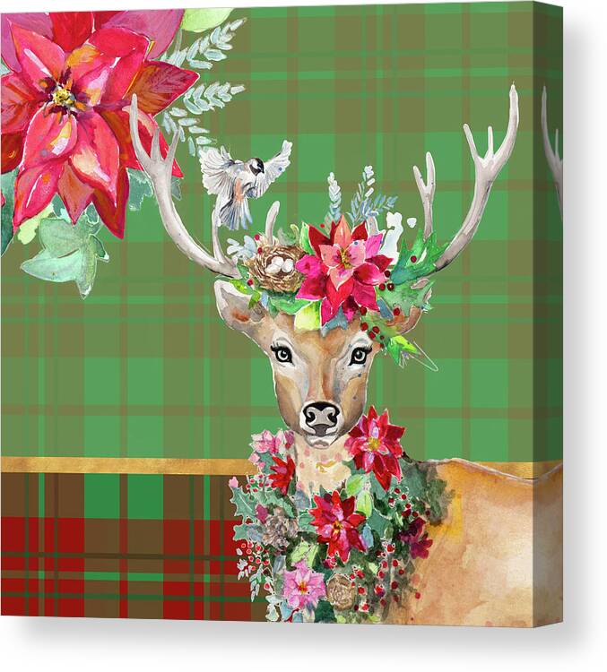 Reindeer Canvas Print featuring the mixed media Holiday Reindeer On Plaid II by Patricia Pinto