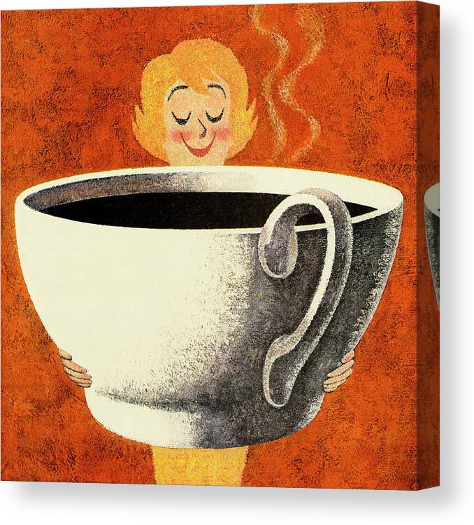 Beverage Canvas Print featuring the drawing Illustration of woman holding large coffee cup by CSA Images