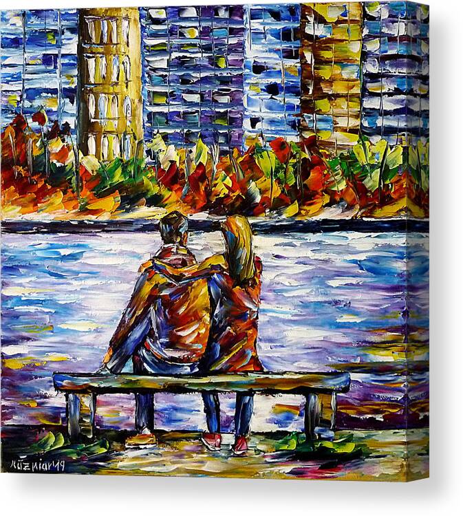 People In Autumn Canvas Print featuring the painting In Front Of Big City by Mirek Kuzniar