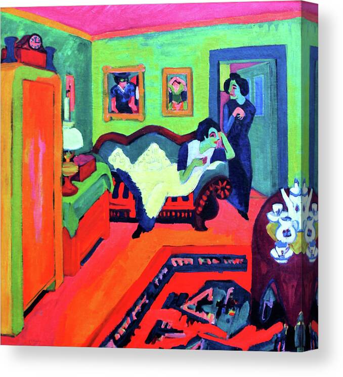 Interieur With Two Girls Canvas Print featuring the painting Interieur with Two Girls - Digital Remastered Edition by Ernst Ludwig Kirchner