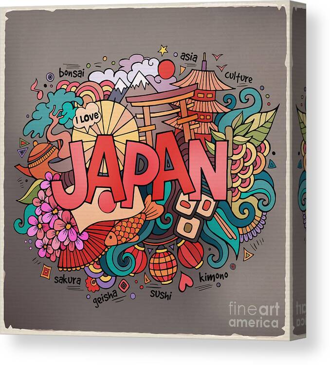 Country Canvas Print featuring the digital art Japan Hand Lettering And Doodles by Balabolka