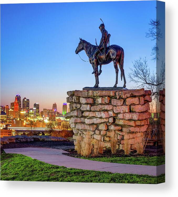 America Canvas Print featuring the photograph Kansas City Scout Overlooking the Skyline by Gregory Ballos