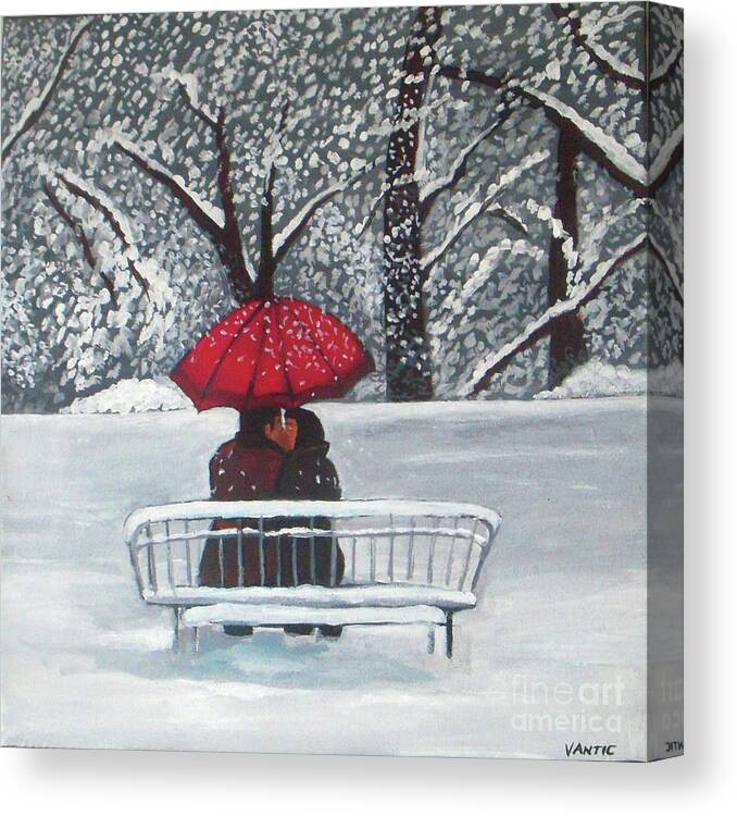 Kiss Canvas Print featuring the painting Kisses under umbrella by Vesna Antic