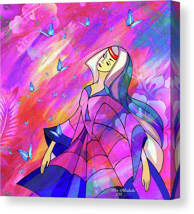 Lady And Butterfly Canvas Print featuring the mixed media Lady And Butterfly by Ata Alishahi