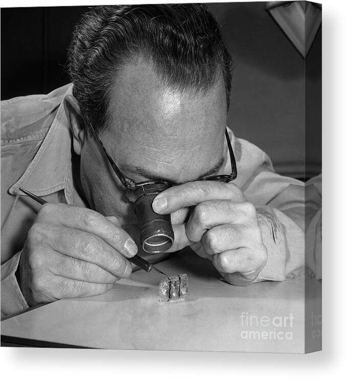 Working Canvas Print featuring the photograph Man Marking Diamond With India Ink by Bettmann