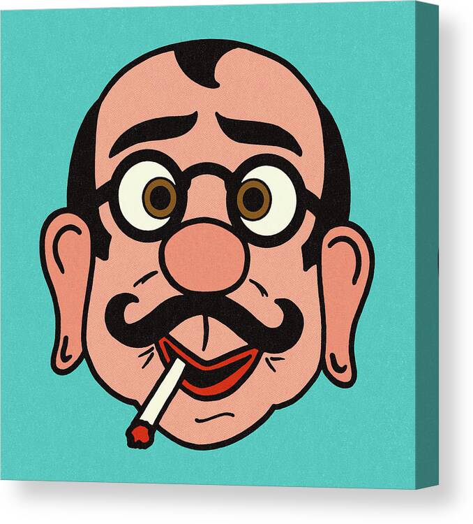 Accessories Canvas Print featuring the drawing Man with Glasses and Mustache Smoking a Cigarette by CSA Images
