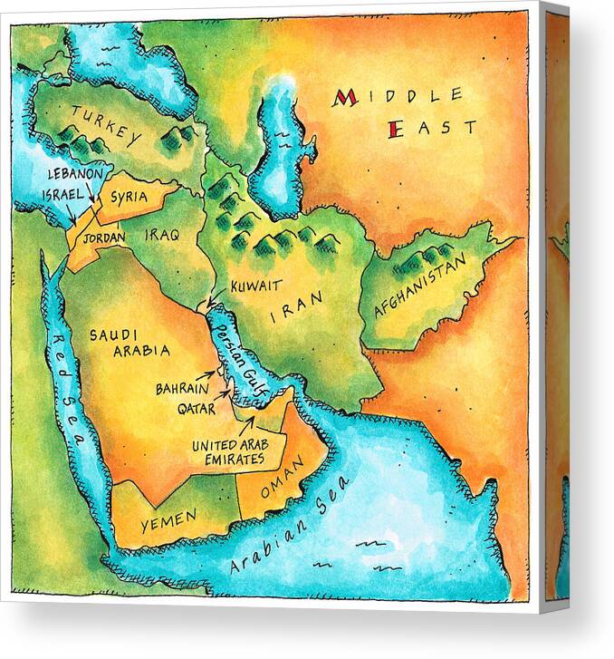 Watercolor Painting Canvas Print featuring the digital art Map Of The Middle East by Jennifer Thermes