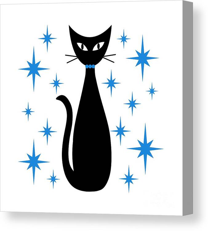 Mid Century Modern Canvas Print featuring the digital art Mid Century Cat with Blue Starbursts by Donna Mibus
