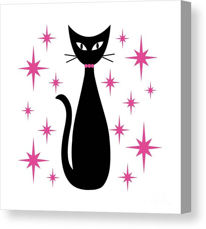 Mid Century Modern Canvas Print featuring the digital art Mid Century Cat with Pink Starbursts by Donna Mibus