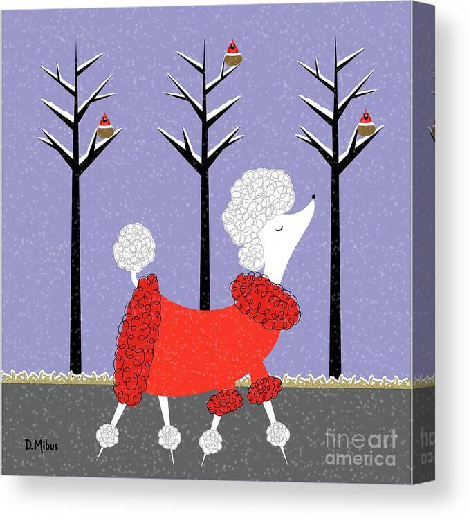 Mid Century Modern Canvas Print featuring the digital art Mid Century White Poodle Winter by Donna Mibus