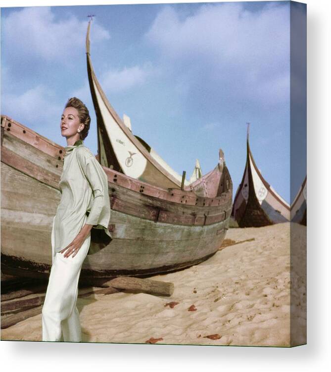 Boat Canvas Print featuring the photograph Model In A Bonnie Cashin Shirt by Henry Clarke