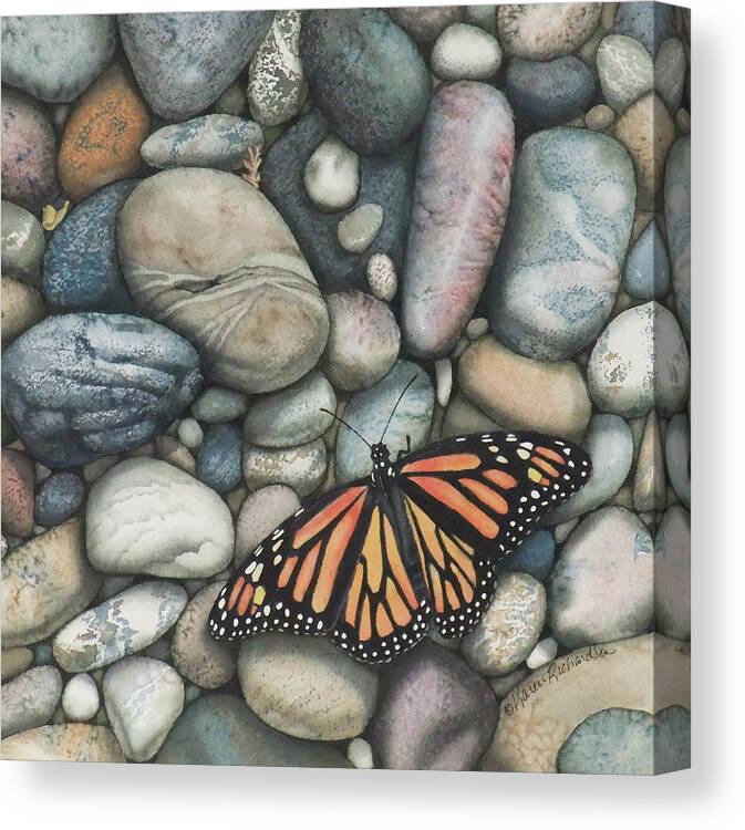 Pebbles Canvas Print featuring the painting Monarch on the Rocks by Karen Richardson