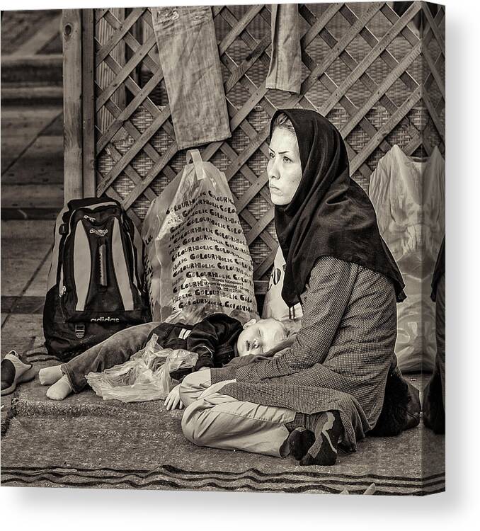 Street
Portrait
Mother
Refugee
Black And White
Documentary
Athens Canvas Print featuring the photograph Mother Refugee II by Thanasaki