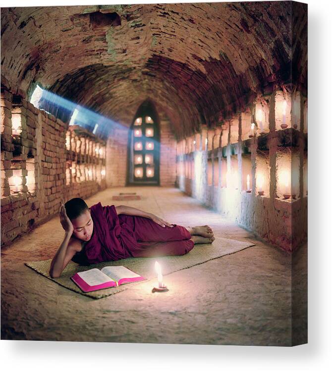 Child Canvas Print featuring the photograph Myanmar, Buddhist Monk Inside by Martin Puddy