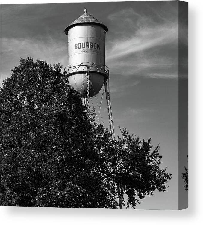 America Canvas Print featuring the photograph Old Bourbon Monochrome Water Tower - Missouri Route 66 1x1 by Gregory Ballos